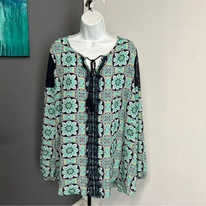 Cato Green & Blue Mandala Floral Print‎ Tasseled Top Lace Trim Women's 22/24W